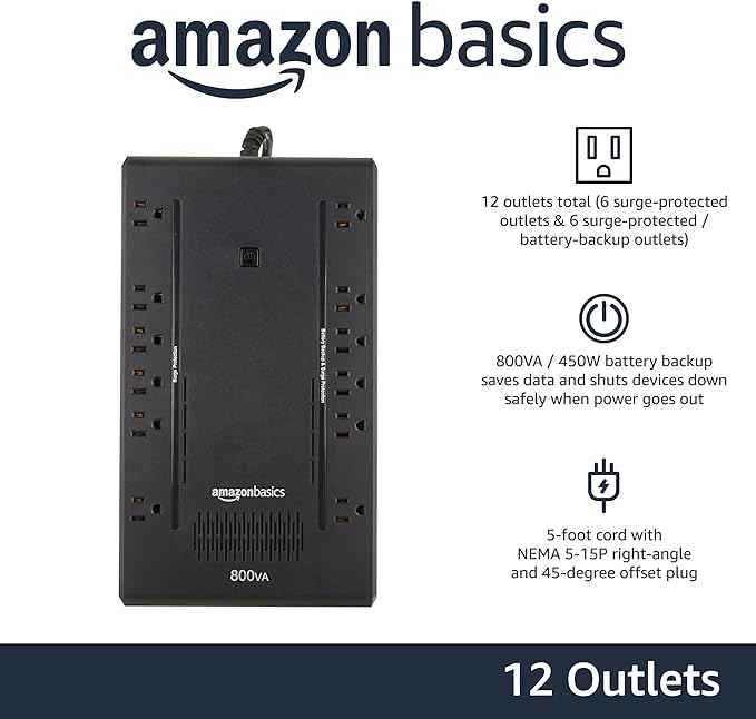 Basics UPS Battery Backup & Surge Protector, 800VA/450W, 12 Outlets, Standby Uninterruptible Power Supply, Compact, Black