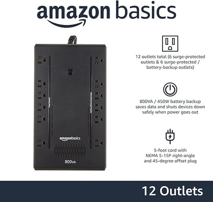 Basics UPS Battery Backup & Surge Protector, 800VA/450W, 12 Outlets, Standby Uninterruptible Power Supply, Compact, Black
