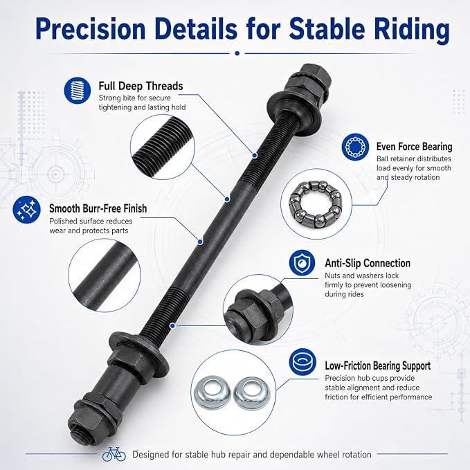190 mm Bicycle Hub Axle Kit with Bearing Retainers and Cups