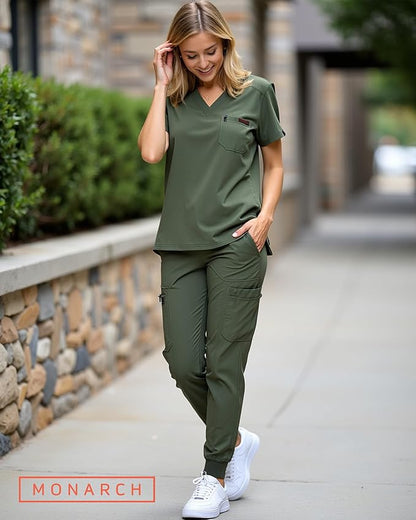 MONARCH UNIFORMS Slim Fit Stretchy Scrubs Women's Jogger Scrub Set Slim Jogger Scrubs with Tuck-In Top for Women