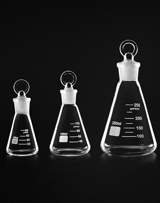 QWORK Borosilicate 3.3 Glass Erlenmeyer Flask Set (50, 100 and 250ml), 3 x Graduated Conical Flask with Glass Stopper for Lab, Experiment, Chemistry