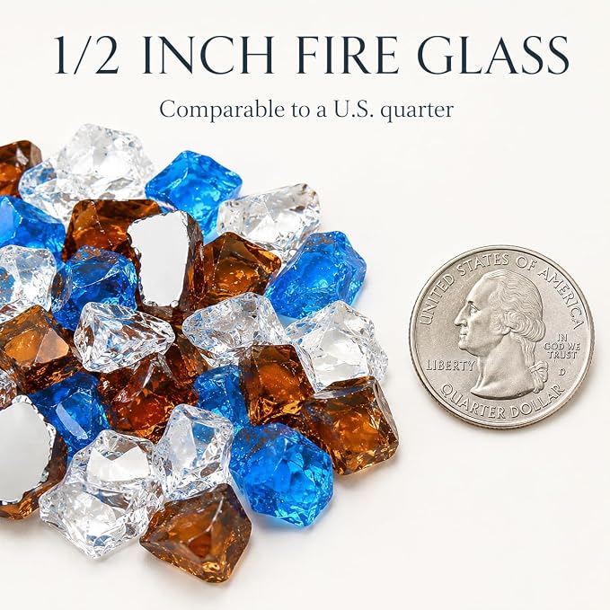 GRISUN 20 Pounds Blended Fire Glass for Fire Pit - 1/2 Inch High Luster Reflective Tempered Glass Rocks for Natural or Propane Fireplace, Safe for Outdoors and Indoors Firepit, Copper, Blue, White