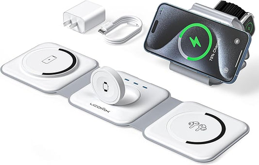 UCOMX 3 in 1 Charging Station for Multple Devices,Foldable 3 in 1 Wireless Charger for Travel,Nano Wireless Charging Station for iPhone16 15 14 13 12 Pro MaxWatch 10 9 8 7 6 5 4 3 UltraAirPod Pro