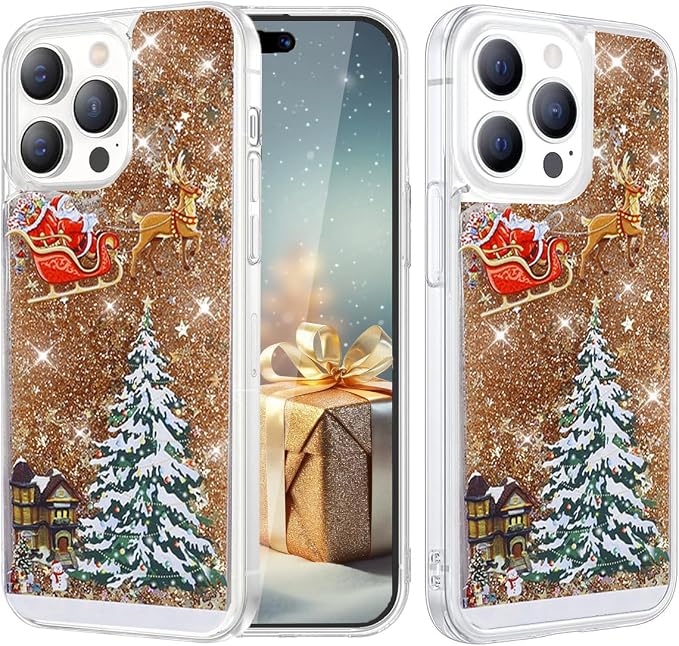 Glitter Christmas Case for iPhone 16 Pro Max Glitter Case Christmas Tree Clear Floating Flowing Moving Bling Snowman Santa Elk Tree Women Cute Liquid Holiday Case for iPhone 16 Pro Max (Gold)