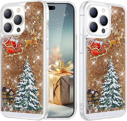 Glitter Christmas Case for iPhone 16 Pro Max Glitter Case Christmas Tree Clear Floating Flowing Moving Bling Snowman Santa Elk Tree Women Cute Liquid Holiday Case for iPhone 16 Pro Max (Gold)