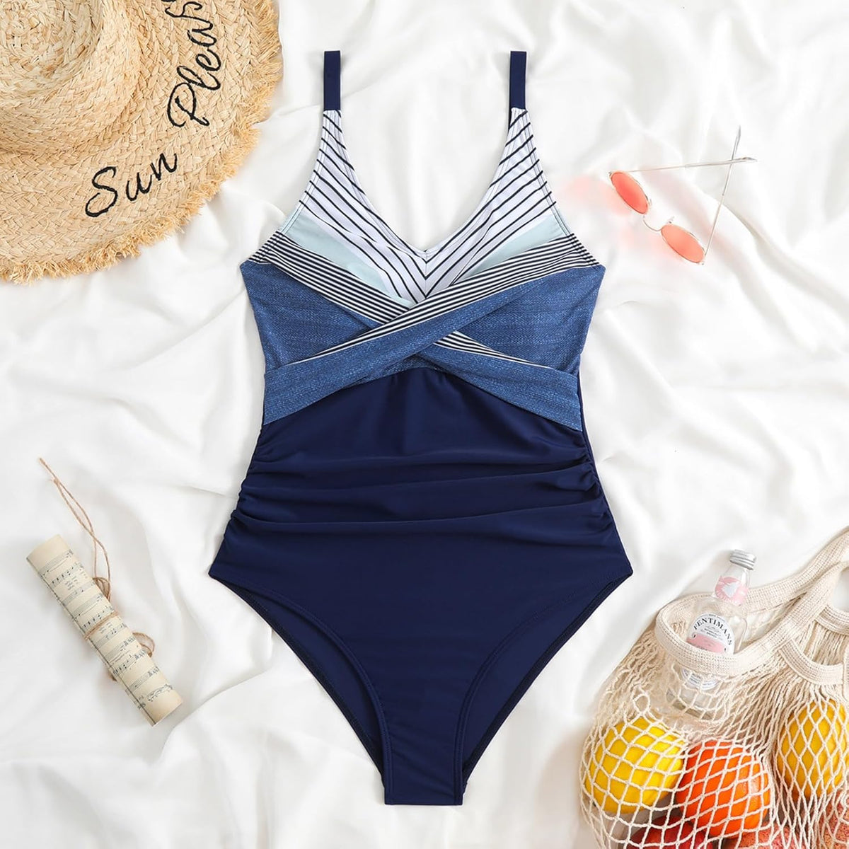 Women's One Pieces Swimsuit, Front Cross Ruched Swimsuit, Adjustable Halter & Tummy Control Bathing Suit for Summer