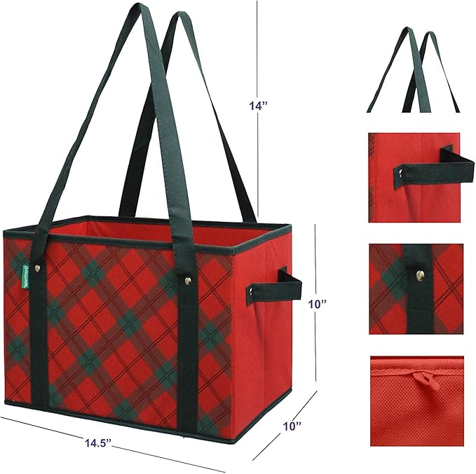 Earthwise Deluxe Collapsible Reusable Shopping Box Grocery Bag with Reinforced Bottom Plaid Holiday Xmas Christmas Design Storage Boxes Bins Cubes
