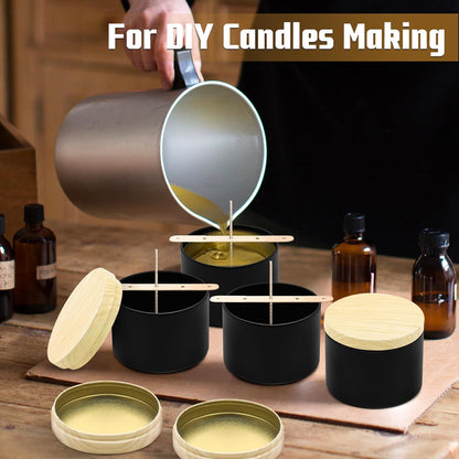 12 Pack Candle Jars, 6pcs 8oz + 6pcs 4oz Candle Tins with Metal Wood-Grain Printing Lids, Empty Candle Jars for Making Candles Bulk Candle Containers - Black