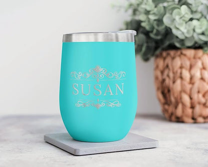 Gifts Inscribed Personalized Wine Tumbler with Lid  Custom Stainless Steel Tumbler Engraved - Customized Wine Travel Mug Insulated for Hot and Cold - Gift for Wedding, Bridal Party, Birthday (Teal)