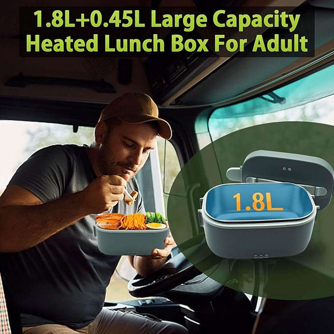 120W Electric Lunch Box Food Heater, 1.8L 5 IN 1 12V/24V/110V/220V/230V Heated Lunch Boxes For Adults/Work/Car/Truck/Home, Dual-Lid Portable Food Warmer Lunch Box With 0.45L Compartment