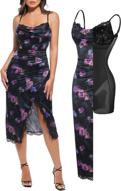 Popilush Shapewear Corset Dress Women's Satin Ruched Midi Dress Cocktail Date Night Classy Dresses with Lace Trim Bra
