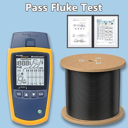 Cat7 Ethernet Cable 650ft Pure Copper: 26AWG Fluke Tested Cat 7 Easy Pull Cable, Triple Shielded CMR, Outdoor/Indoor Direct Burial in Wall, POE Ethernet Wire, 10G 1000Mhz Roll Spool