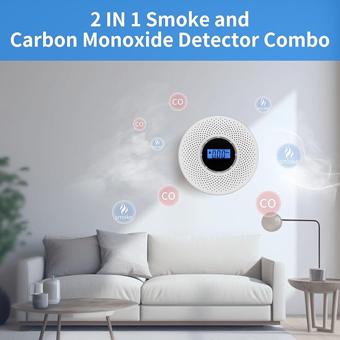 Smoke Detector Carbon Monoxide Detector Combo with Digital Display and Sound Light Alarm, 2-in-1 Smoke  CO Alarm with Battery Operated for Home, Travel or RV