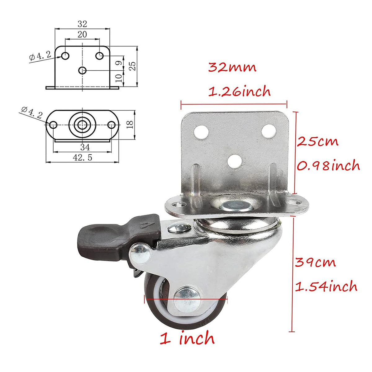 HOWDIA 1" Swivel Plate Caster Wheels with Brake L-Bracket Side Mount TPR Rubber Small Furniture Replacement Silent Mute Locking Casters for Furniture Legs Set of 4