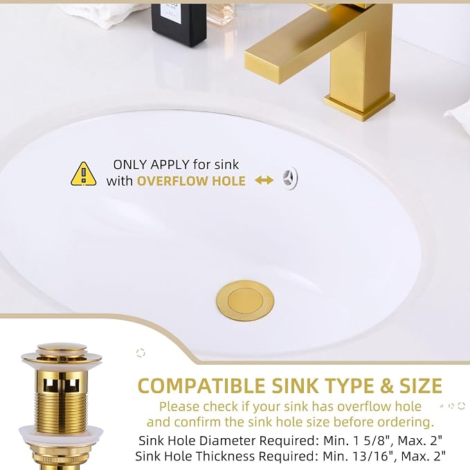 Angle Simple Sink Drain Stopper, Brass Bathroom Sink Stopper Replacement, Pop Up Drain with Overflow Hole, Deep Titanium Gold