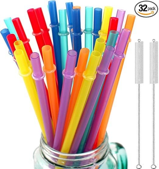 32 Pieces Reusable Plastic Straws Fit for Mason Jars, Tumblers, 10.25 Inches Extra Long Rainbow Colored Unbreakable Drinking Straws with 2 Cleaning Brushes, BPA Free and Eco Friendly
