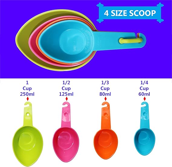Rypet Dog Food Scoop Set of 4 - Plastic Measuring Cups for Dog, Cat and Bird Food (Multicolor)