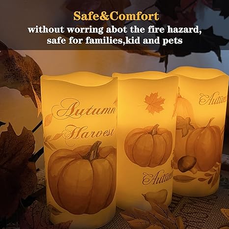 Lordearon Fall Pumpkin Flameless Candles Real Wax LED Battery Operated Pillar Candles with Timer, Thanksgiving Decor Set of 3,Warm Light