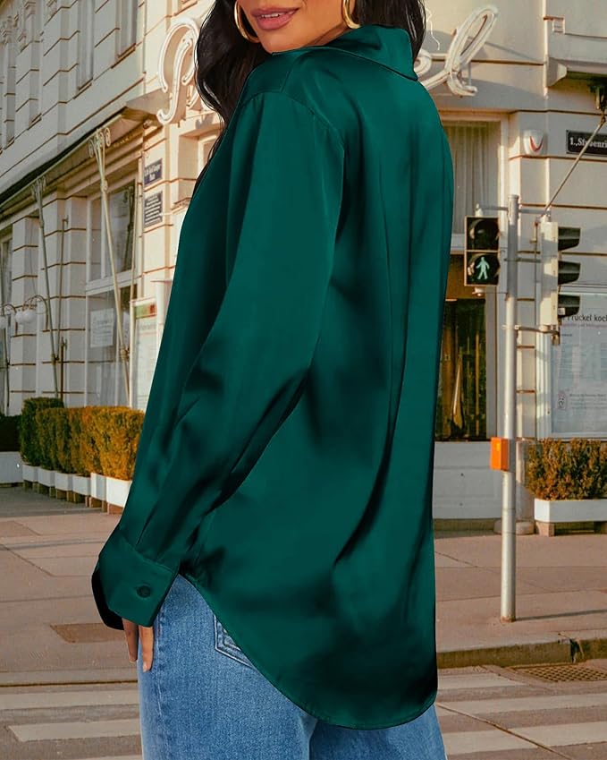 CBOO Women Elegant Satin Blouses Shirts, Soft Silk Shirts Top, Satin Button Down Shirts, Office Long Sleeve Blouse Shirt