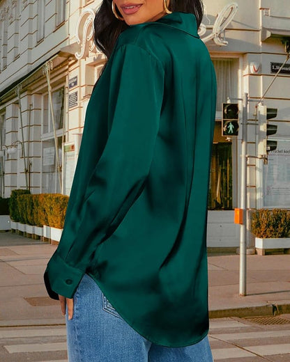 CBOO Women Elegant Satin Blouses Shirts, Soft Silk Shirts Top, Satin Button Down Shirts, Office Long Sleeve Blouse Shirt