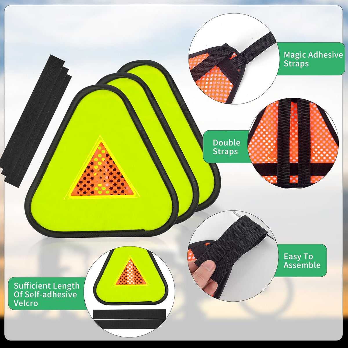 DLUGOPIS Reflective Yield Symbol 7 * 7inch Reflective Safety Triangle 2PC | Bike Reflective Triangle Sign High Visibility Safety Flag with Magic Adhesive Strap for Safety at Night Bike Recumbent Trike ( 2 packs )