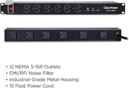 CyberPower CPS1215RMS Rackmount Surge Protector, 120V/15A, 12 Outlets, 15 ft Power Cord, 1U Rackmount