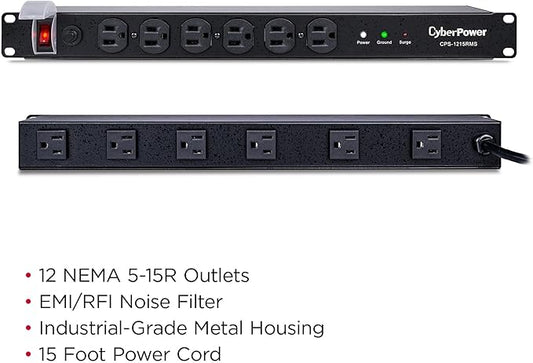 CyberPower CPS1215RMS Rackmount Surge Protector, 120V/15A, 12 Outlets, 15 ft Power Cord, 1U Rackmount