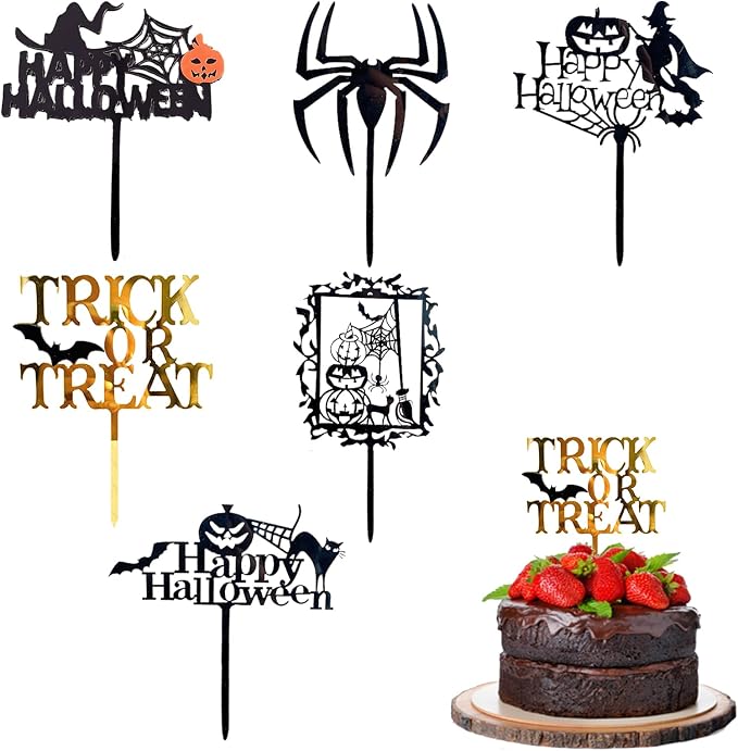 Halloween Cake Toppers Happy Halloween Cupcake Topper Acrylic Trick Or Treat Pumpkin Spider Bat Cake Decoration Party Supplies 6 PCS