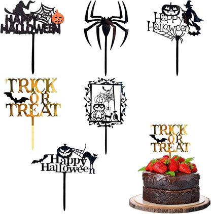 Halloween Cake Toppers Happy Halloween Cupcake Topper Acrylic Trick Or Treat Pumpkin Spider Bat Cake Decoration Party Supplies 6 PCS