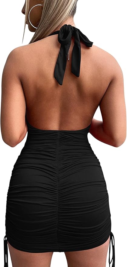 HOCILLE Women's Sexy Halter Bodycon V Neck Backless Ruched Drawstring Mini Club Party Dresses