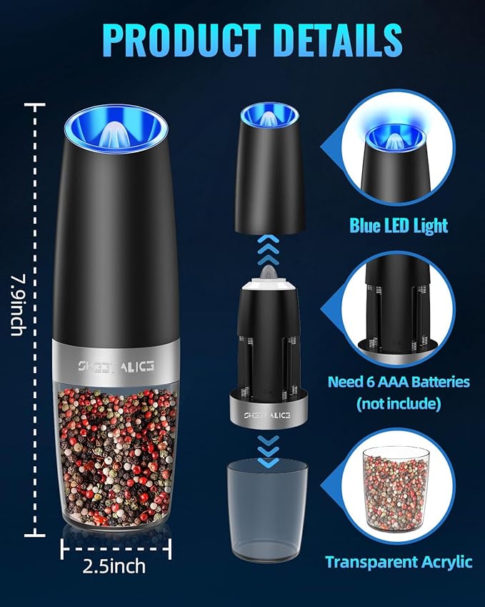 Sweet Alice Gravity Electric PepperSalt Grinder, Salt or Pepper Mill  Adjustable Coarseness, Battery Powered with LED Light, One Hand Automatic Operation, Stainless Steel (SingleBlack)
