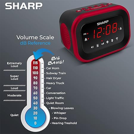 Sharp Big Bang Super Loud Alarm Clock for Heavy Sleepers, 6 Extremely Loud Wake Up Sounds: Rooster, Bugle, Nagging Mom, Jackhammer, Siren, Beep  Up to 115db Volume, RedBlack with Red LED Display