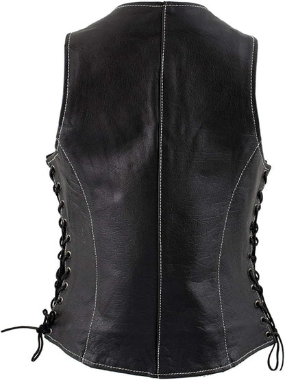 XS1029 Women's 'Paisley' Black Motorcycle Leather Vest with Side Lace Adjustment