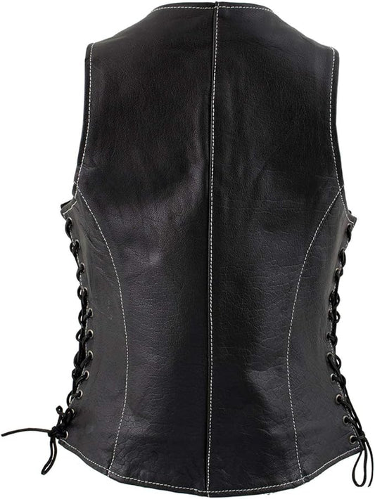 XS1029 Women's 'Paisley' Black Motorcycle Leather Vest with Side Lace Adjustment
