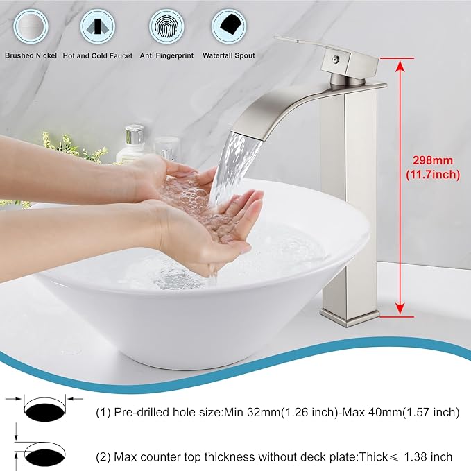 Midanya Waterfall Spout Bathroom Faucet Single Handle 1 Hole Bathroom Sink Faucet,Modern RV Lavatory Vanity Basin Tap with Water Hose,Tall Body,Brushed Nickel
