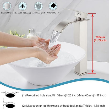 Midanya Waterfall Spout Bathroom Faucet Single Handle 1 Hole Bathroom Sink Faucet,Modern RV Lavatory Vanity Basin Tap with Water Hose,Tall Body,Brushed Nickel