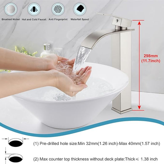 Midanya Waterfall Spout Bathroom Faucet Single Handle 1 Hole Bathroom Sink Faucet,Modern RV Lavatory Vanity Basin Tap with Water Hose,Tall Body,Brushed Nickel