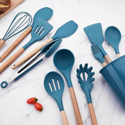1pc Blue Silicone Solid Turner with Wooden Handle, Heat Resistant Kitchen Spatulas, Ideal Cookware for Frying, Baking, Flipping, Turning, Fish, Eggs, Meat.