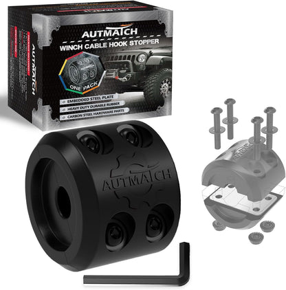 AUTMATCH Winch Hook Stopper (1-Pack) - Fits Steel Cable & Synthetic Rope Silicone Rubber Winch Stopper & Line Saver, Shock Absorbing, Reduces Hook Bounce for ATV, UTV, Off-Road Winches, Black ( Allen Wrench doesn't come with )
