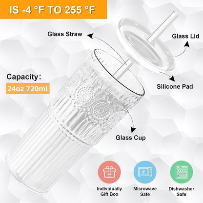 Bandesun All Glass Iced Coffee Cup With Lids and Straws?24 OZ High Borosilicate Glass Tumbler for Water Smoothie Juice Drinks