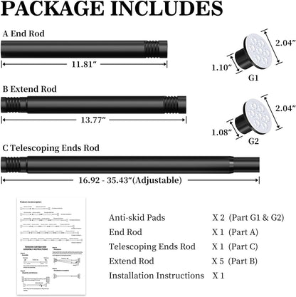 No Drilling Closet Rod, Adjustable Black Closet Rod, 28-98 Inches Closet Tension Rods for Hanging Clothes for Wardrobes, Closet, Laundry & Bathroom
