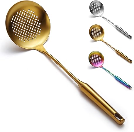 Gold Strainer Skimmer, Evanda Heavy Duty Golden Stainless Steel Heavy Duty Sturdy Kitchen Skimmer, Slotted Spoon, With Comfort Handle and Hanging Holes, Easy to Store and Dishwasher Safe