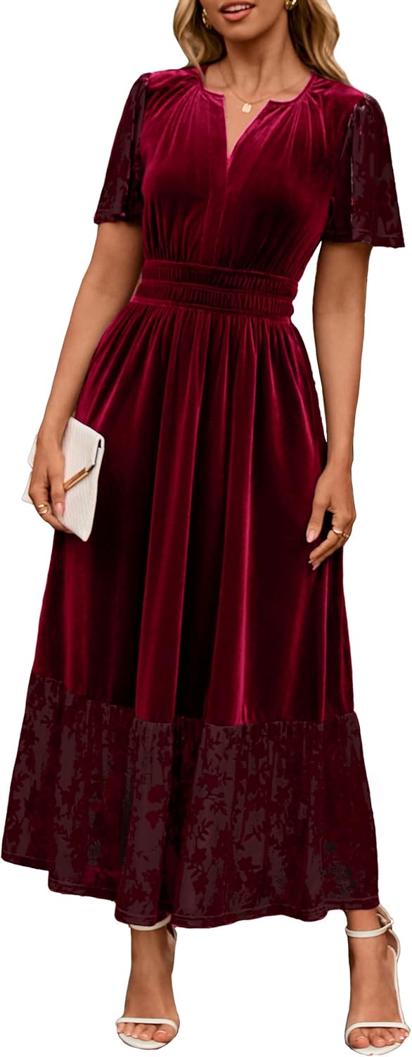 Simplee Women's Formal Velvet Maxi Dress Fall Winter V Neck Floral Short Sleeve Empire Waist Wedding Guest Dresses.