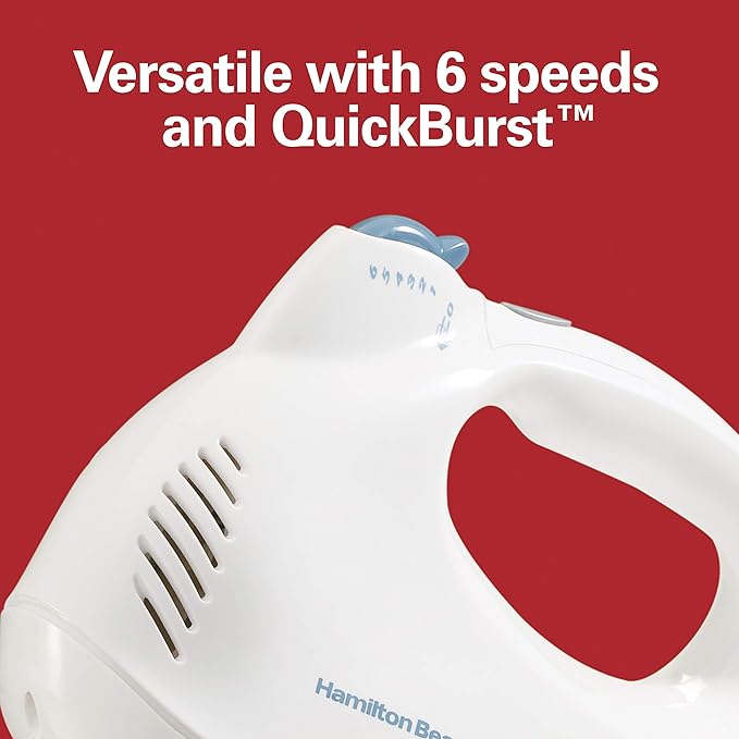 Hamilton Beach Power Deluxe 6-Speed Electric Hand Mixer with Snap-On Storage Case, QuickBurst, Beaters, Whisk, Powerful 250 Watt Motor, Bowl Rest, White (62695V)