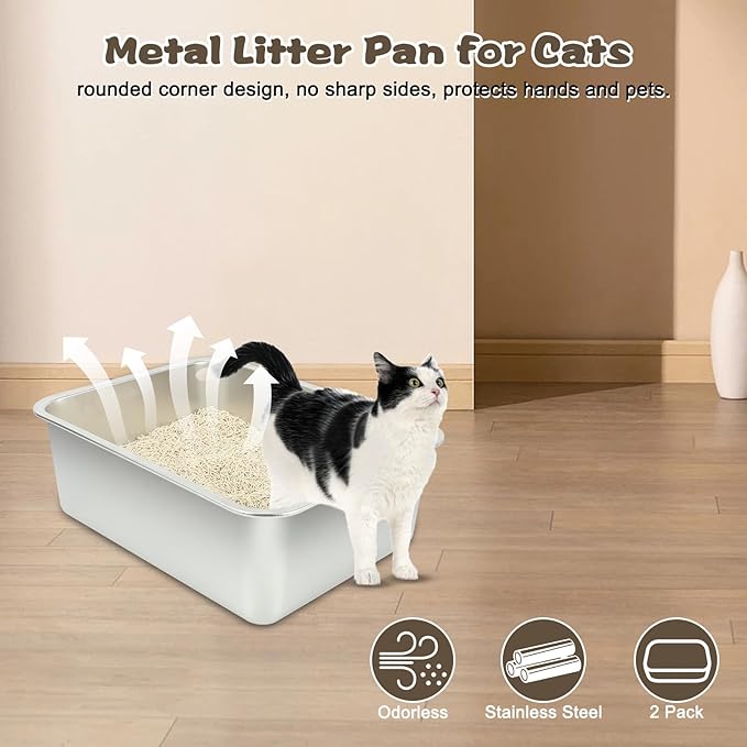 Rypet 2Packs Stainless Steel Litter Box Metal Litter Box for Cats High Back Litter Box Non-Stick Cat Poop BoxOoaEasy to Clean(17.7"13.8"5.9")