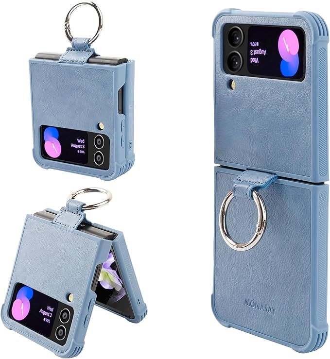 Phone Case Compatible for Galaxy Z Flip 4,[Screen Protector Not Included] Leather Cell Phone Cover with Ring Fit for Samsung Galaxy Z Flip 4 5G (Blue)