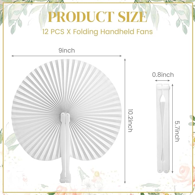 JOHOUSE Decorative Round Hand Fan Foldable, 12 Packs White Folding Fans Handheld Chinese and Japanese Style Crafts for Wedding, Dancing, Party Favors DIY Decoration