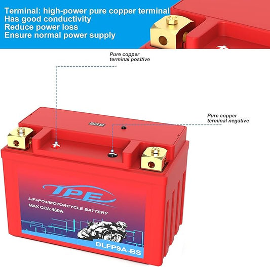 Lithium Motorcycle Battery, YTX9A-BS 12V Lithium Battery with Smart Battery Management System, LiFePO4 Engine Start Battery 4AH 460 CCA Starting Batteries for Motorcycles and ATVs-DLFP9A-BS