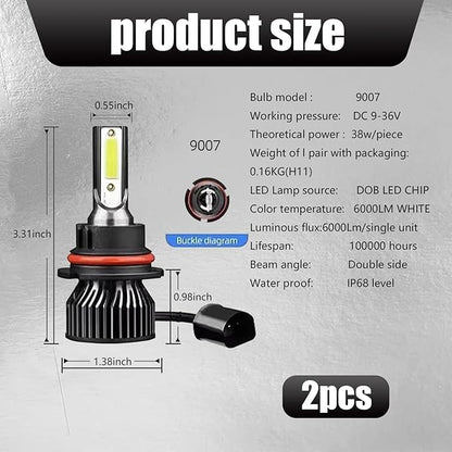 2 PCS 9007 Car LED Fog Light, 35mm x 84mm x 25mm 38W 6000K 6000LM IP68 Waterproof High-brightness COB Wafer Bulb, Auto Auxiliary Lighting Accessories, Compatible with Most Car Models (White)