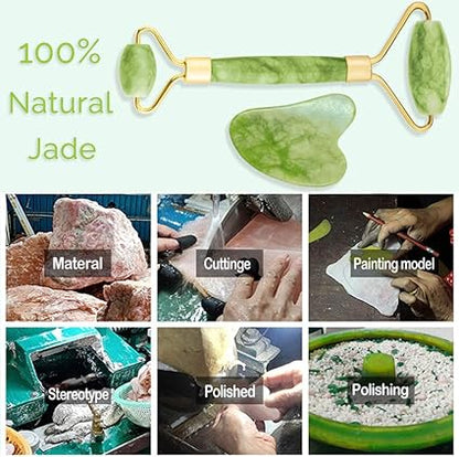 Gua Sha Facial Tools Set and Jade Roller for Face - 100 Real Natural Stone Beauty Massage Tool for Face, Eyes, Neck, Body - Anti-Aging Beauty Treatment
